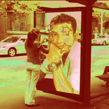 a woman is taking a picture of a man 's face on a bus stop