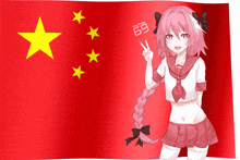 a girl with pink hair is standing in front of a flag that says 69