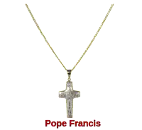 a necklace with a cross on it that says pope francis on the bottom