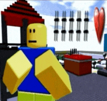 a roblox character with a sad face is standing in front of a playground with a red heart in the background .