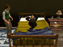 a man in a military uniform is laying on a bed next to a man in a military uniform