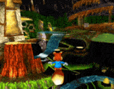 a cartoon squirrel in a blue jacket is standing next to a tree stump