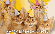 a group of kittens wearing party hats with the words happy birthday angel written on the bottom