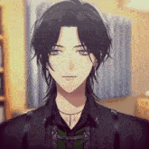 a man with long black hair and purple eyes is wearing a necklace