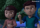 a boy and a girl from a cartoon are standing next to each other and the boy is pointing at the girl .