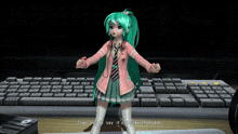 a video game character is standing in front of a keyboard