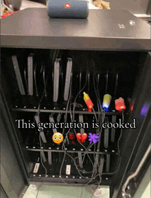 a jbl speaker sits on top of a vending machine that says this generation is cooked on it