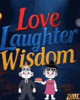 a poster for love laughter wisdom shows a man and a girl holding a cake