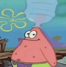 patrick star from spongebob squarepants is holding a bottle of water in his mouth .