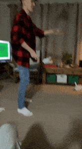 a person in a plaid shirt is jumping in the air