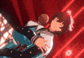 two anime characters are hugging each other on a stage with red lights behind them