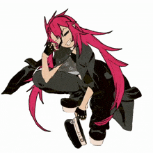 a drawing of a girl with pink hair holding a skateboard