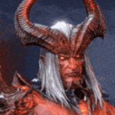 a demon with long hair and horns is wearing a helmet and holding a sword .