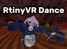 a video game called rtinyvr dance has a gorilla wearing a pink and blue hat