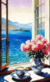 a painting of a cup of coffee and a vase of flowers on a window sill