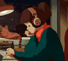 a girl wearing headphones with a cat on the window sill