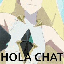 a close up of a woman 's chest with the words hola chat below her