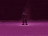 a stuffed animal is standing in a purple room