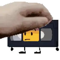 a pixel art of a hand holding a vhs tape with a yellow face