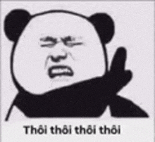 a panda bear is making a funny face while holding a finger up .