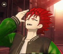a cartoon character with red hair is wearing a green jacket and a white shirt