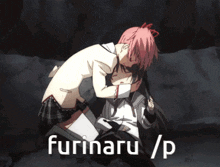 a girl with pink hair is hugging another girl with the words furinaru / p written below them