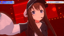 a girl wearing a hat and a microphone is standing in front of a sign that says ' # ' on it