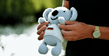 a person is holding a stuffed koala bear with a german flag on it .