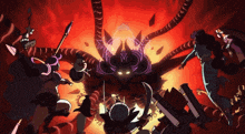 a group of people are fighting a demon in a cartoon