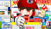 a cartoon character is pointing at a sign that says " you win "