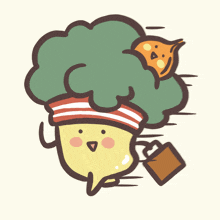 a cartoon drawing of a broccoli head carrying a cat and a briefcase