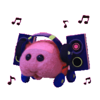 a stuffed animal wearing headphones and speakers with music notes around it