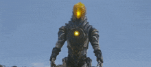 a close up of a monster with a yellow light on his chest .