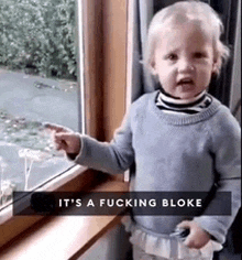 a baby is standing in front of a window with the words `` it 's a fucking bloke '' on the bottom .