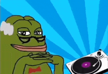 a frog is playing a record on a turntable while wearing headphones .