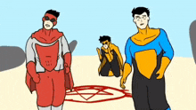 a cartoon of three superheros standing next to each other .