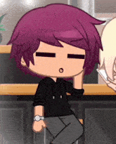 a cartoon character with purple hair is sitting at a table with his eyes closed .