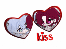 a couple of hearts with the word kiss in red