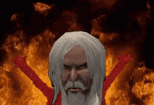 a man with white hair and a beard is in front of a fire background