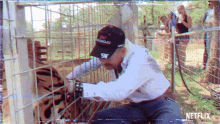 a man is petting a tiger in a cage with a netflix logo in the corner