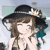 a cartoon girl wearing a black hat with a flower on it