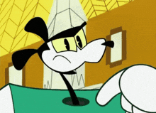 a cartoon character with a yellow eye and a black nose