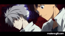 a couple of anime characters are standing next to each other and looking at each other .