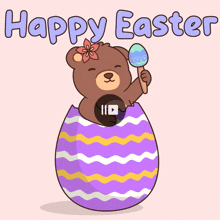 a happy easter greeting card with a teddy bear in an egg