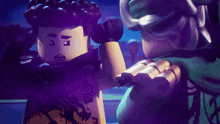 a lego figure is lifting a dumbbell in a purple light