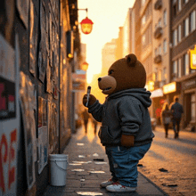 a teddy bear is standing on the sidewalk holding a brush