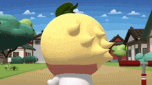 a cartoon drawing of a yellow object with spikes on it 's head