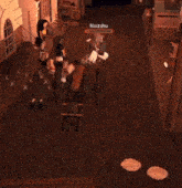 a group of people are standing around a table in a video game with the name noizhu on the bottom right corner .