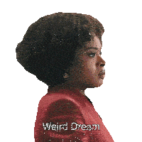 a woman in a red jacket with the words weird dream written below her