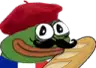 a cartoon frog wearing a red beret and holding a baguette .